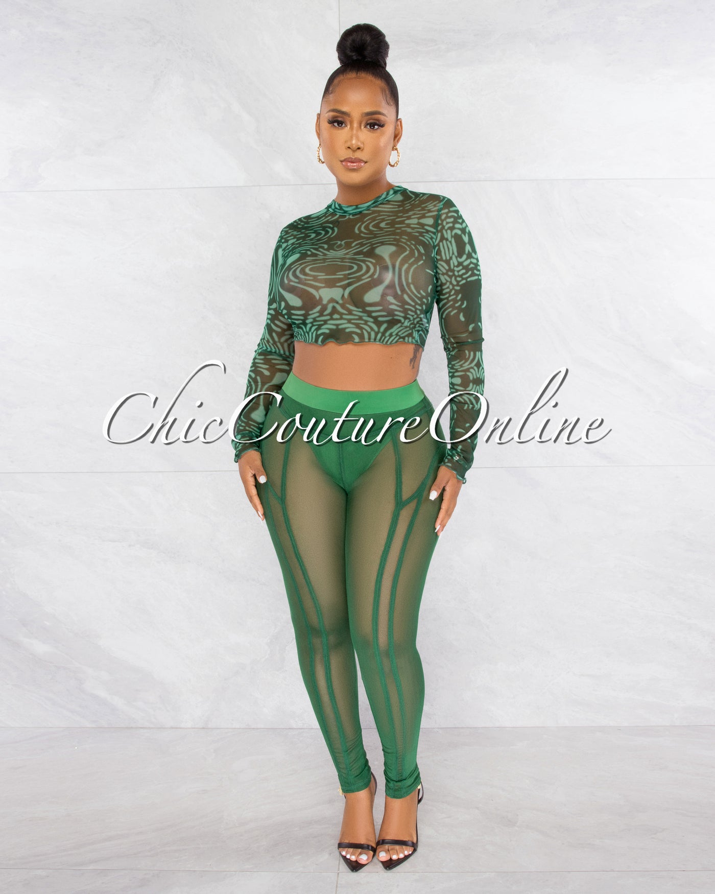 *Mushira Green Tie-Dye Sheer Crop Top & Mesh Leggings Set