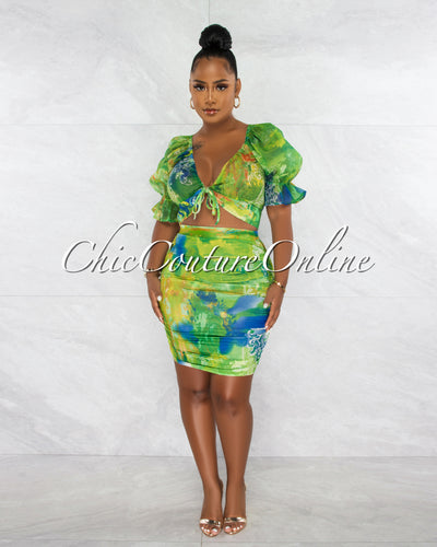 *Mejia Green Print Sheer Top & Ruched Skirt Set