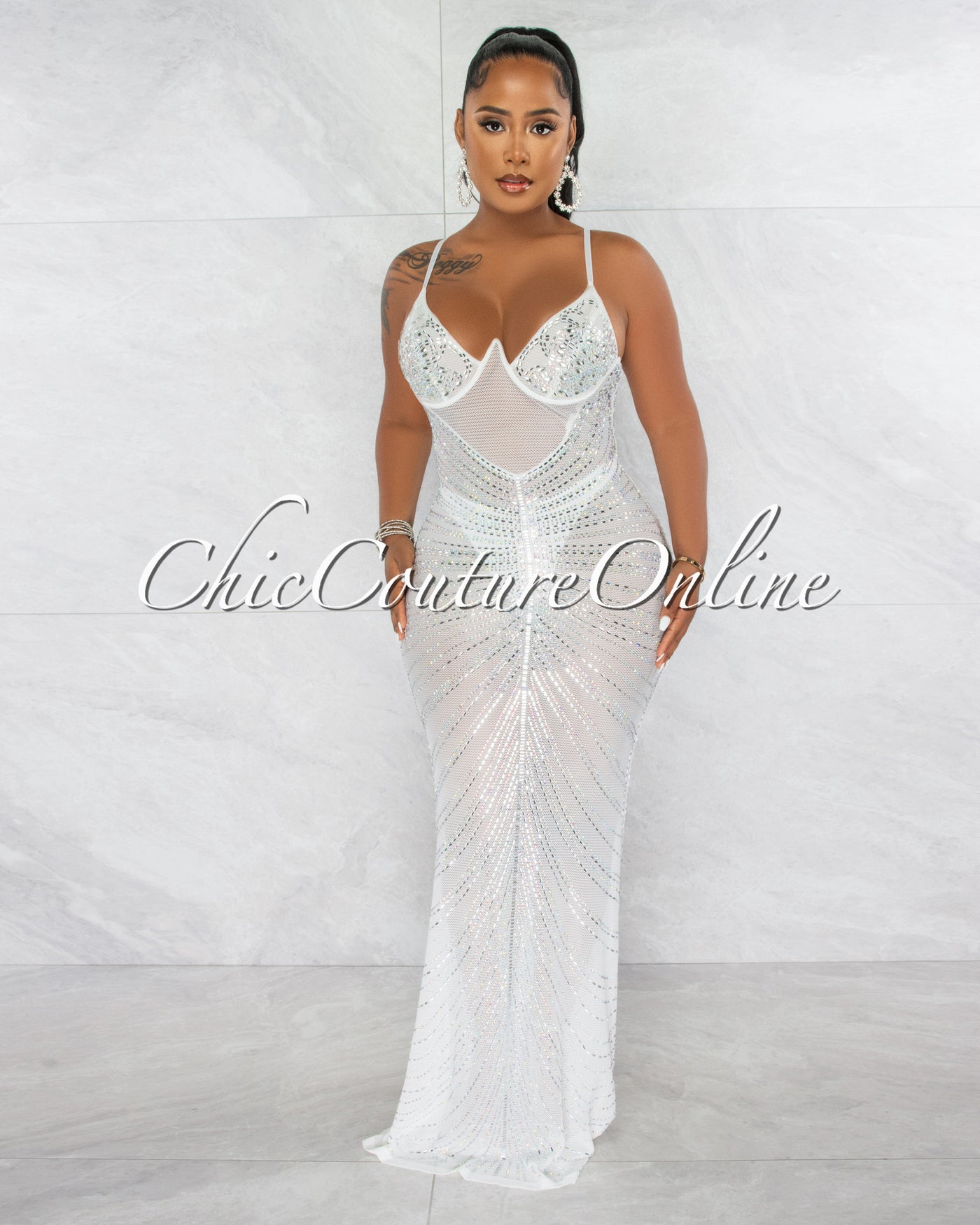 *Narmada White Mesh Sheer Rhinestones Maxi Dress