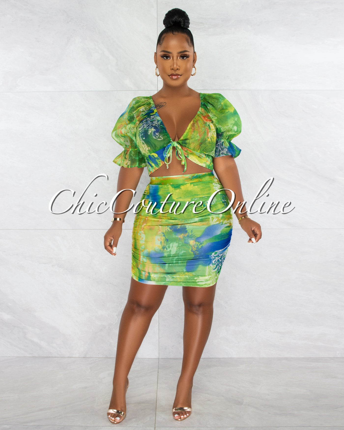 *Mejia Green Print Sheer Top & Ruched Skirt Set