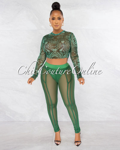 *Mushira Green Tie-Dye Sheer Crop Top & Mesh Leggings Set