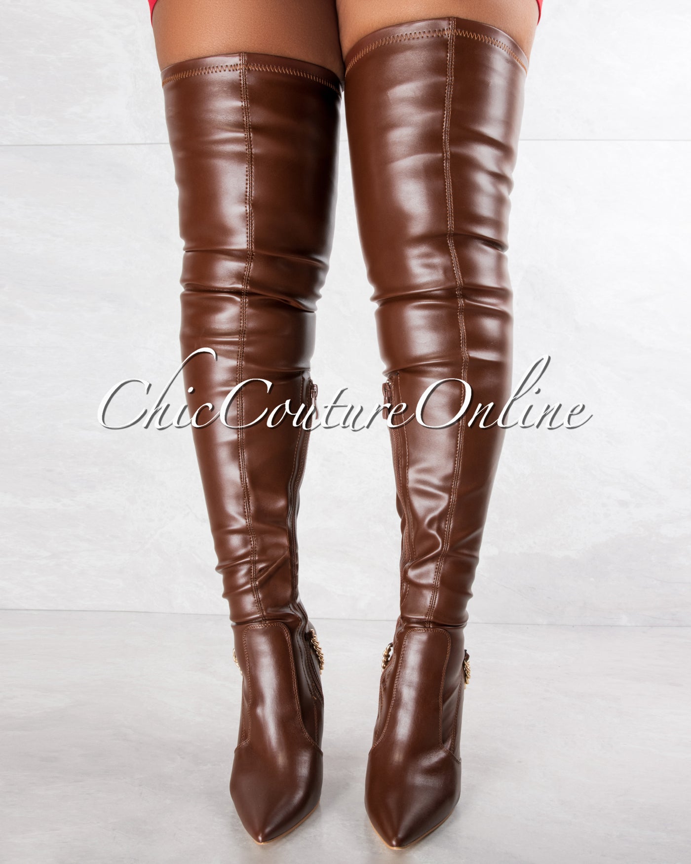 Vikki Brown Faux Leather Gold Link High Boots