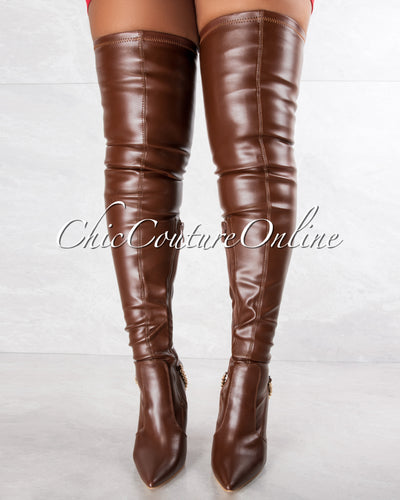 *Vikki Brown Faux Leather Gold Link High Boots