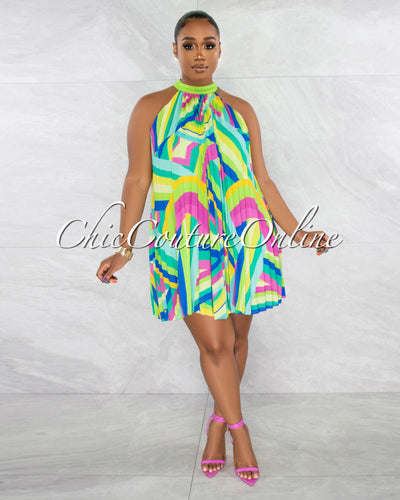 Sabba Green Multi-Color Print Halter Pleated Dress
