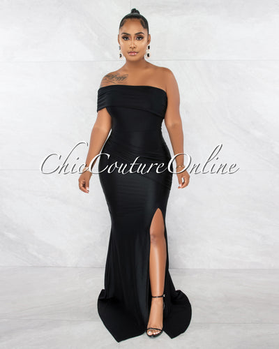 Hender Black Drape Single Shoulder Side Slit Maxi Dress