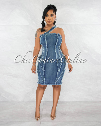 Krista Medium Denim Distressed Lace-Up Sides Dress