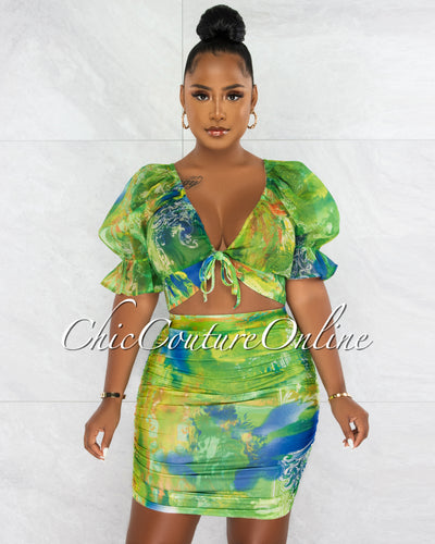 *Mejia Green Print Sheer Top & Ruched Skirt Set