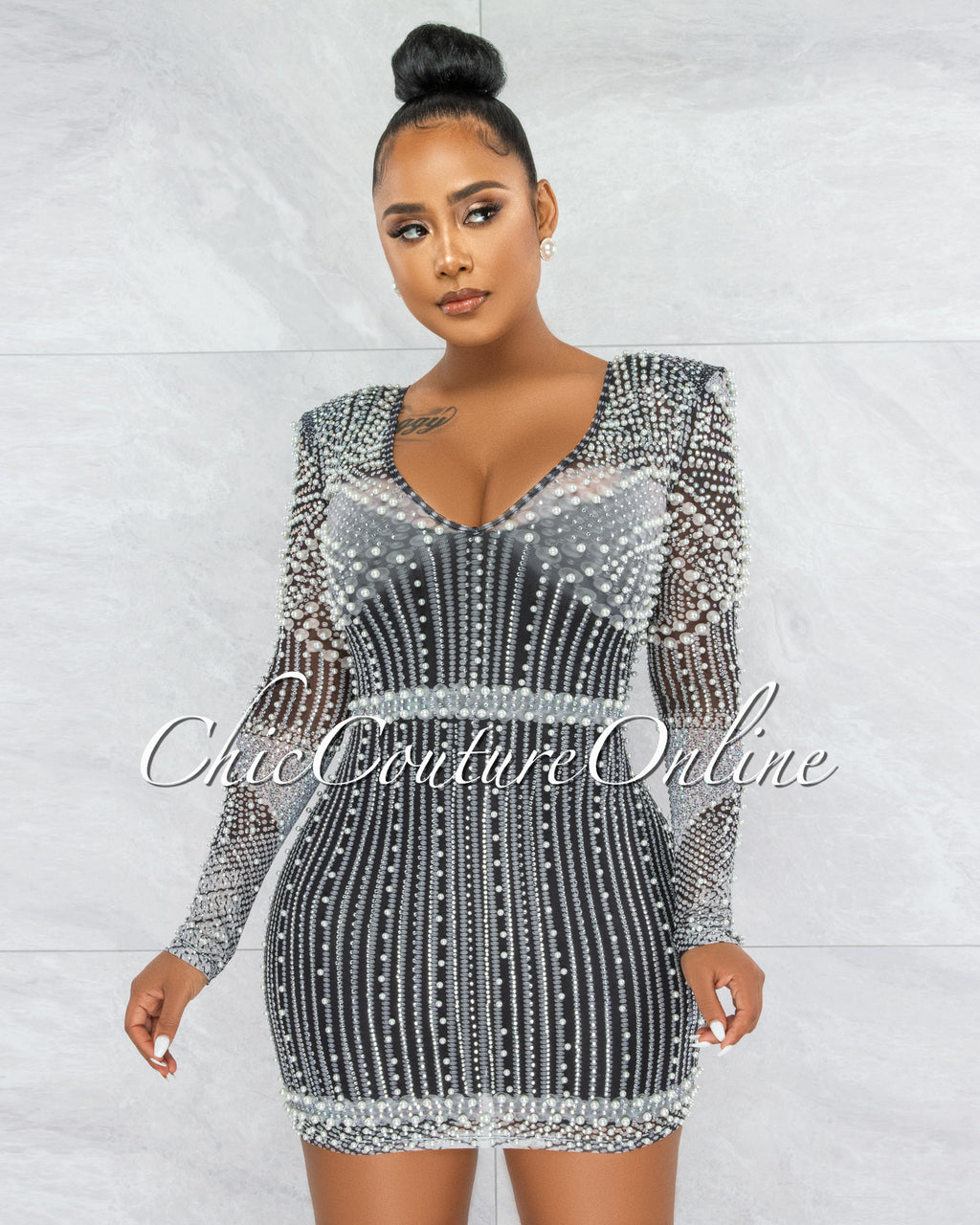 *Rodriga Black Pearl Rhinestones Sheer Mini Dress