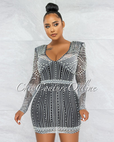 *Rodriga Black Pearl Rhinestones Sheer Mini Dress