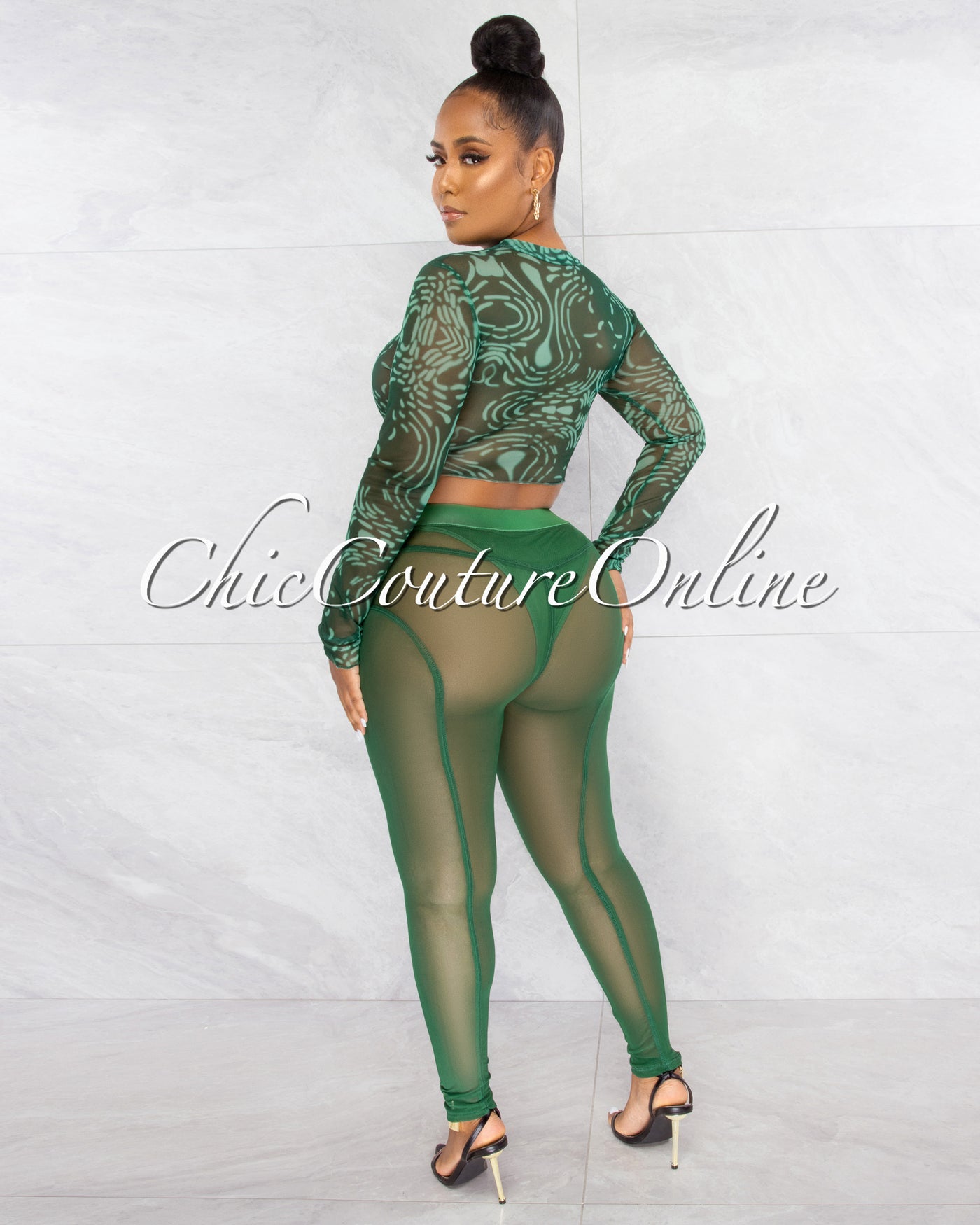 *Mushira Green Tie-Dye Sheer Crop Top & Mesh Leggings Set