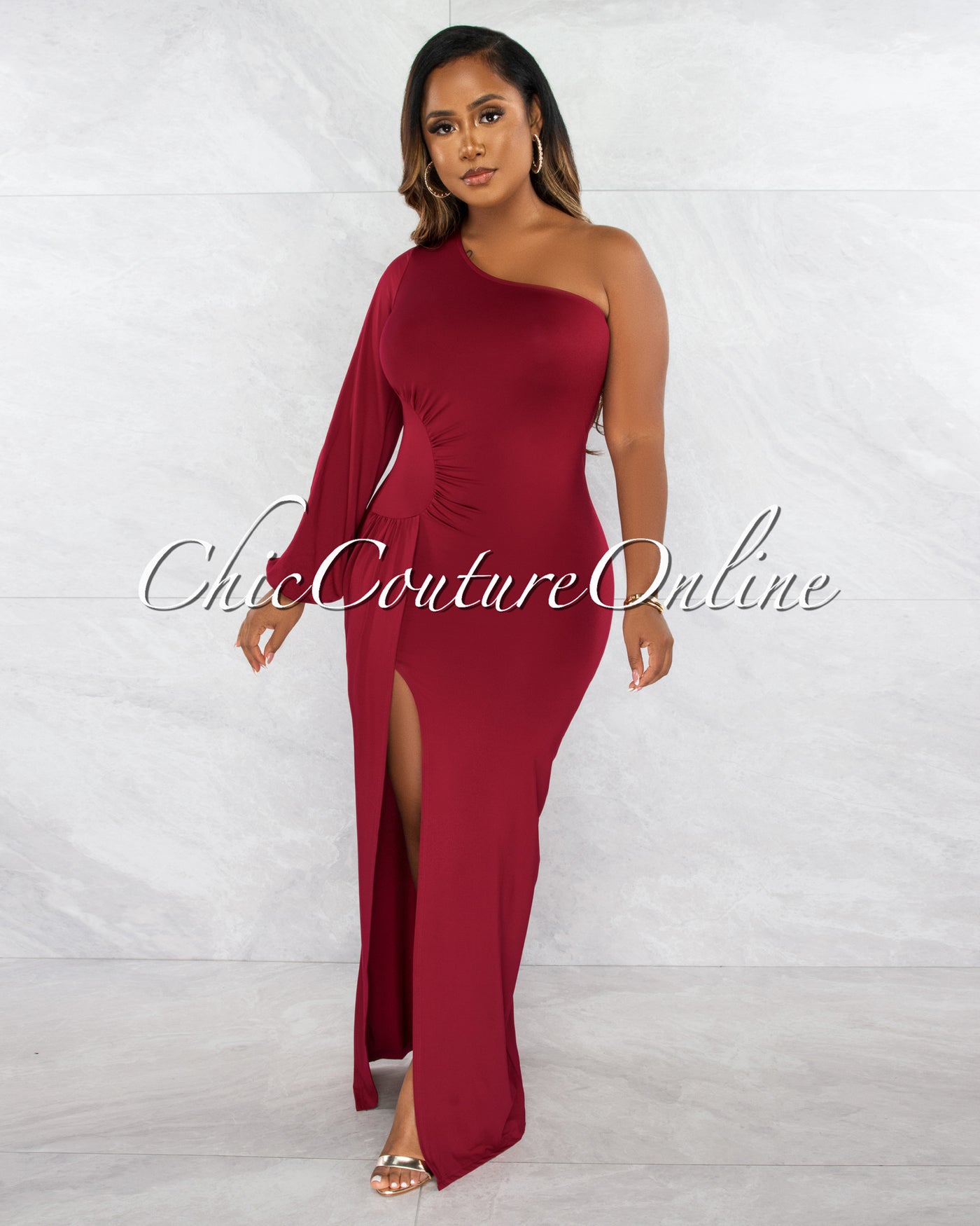 Molloy Burgundy Single Sleeve Drape Maxi Dress