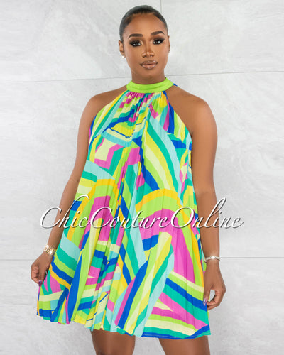 Sabba Green Multi-Color Print Halter Pleated Dress