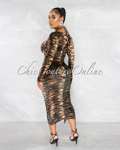 *Camaria Brown Tiger Print Shimmer Ruched Midi Dress