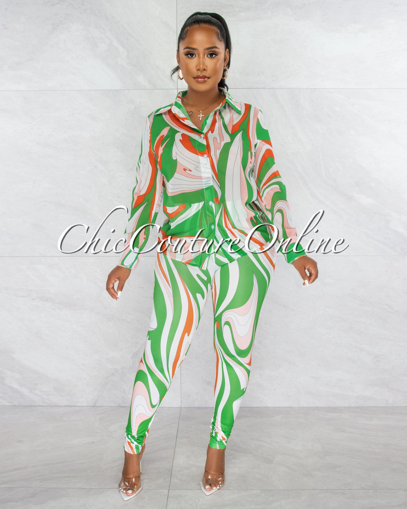 Fayana Green Retro Print Semi-Sheer Blouse & Leggings Set