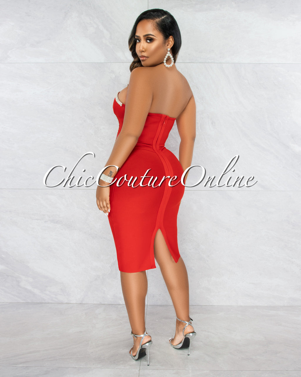 *Miette Red Rhinestones Rhinestones Bandage Dress