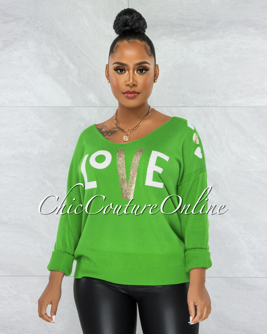 Lovely Green Gold White Graphic Knit Sweater
