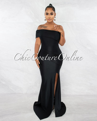 Hender Black Drape Single Shoulder Side Slit Maxi Dress