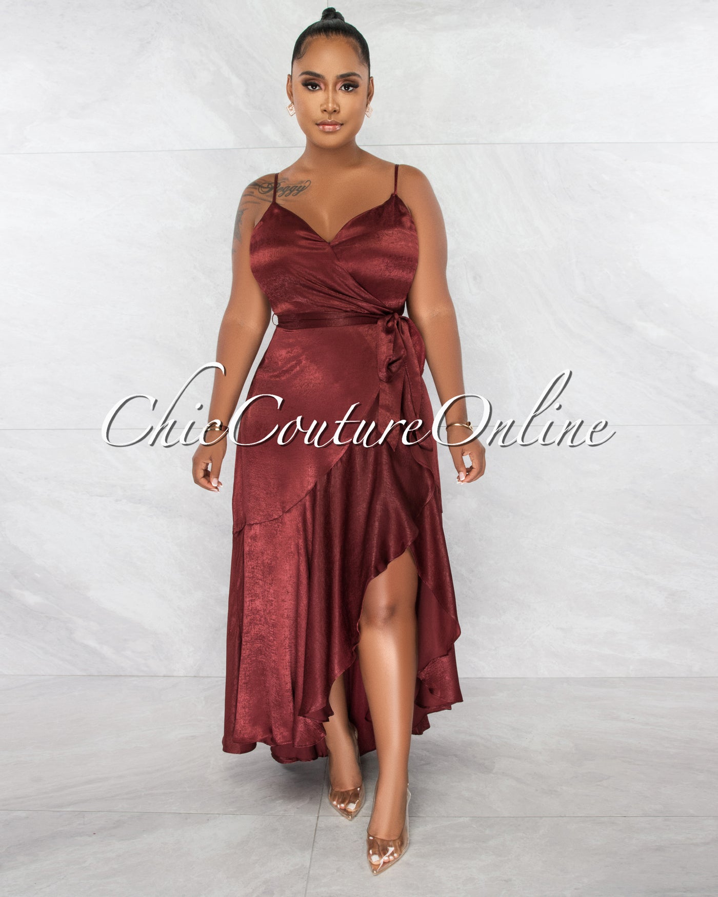 *Alina Maroon Silky Texture Wrap Style Ruffle Dress