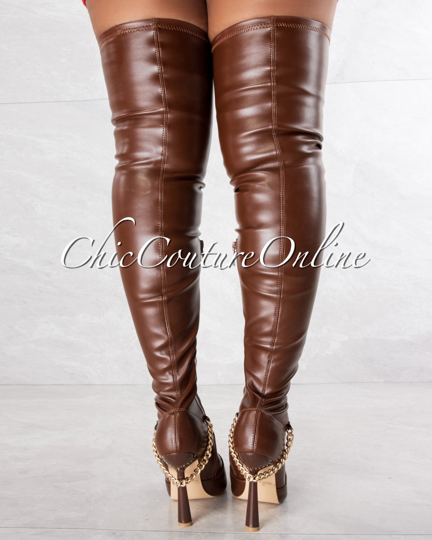 Vikki Brown Faux Leather Gold Link High Boots