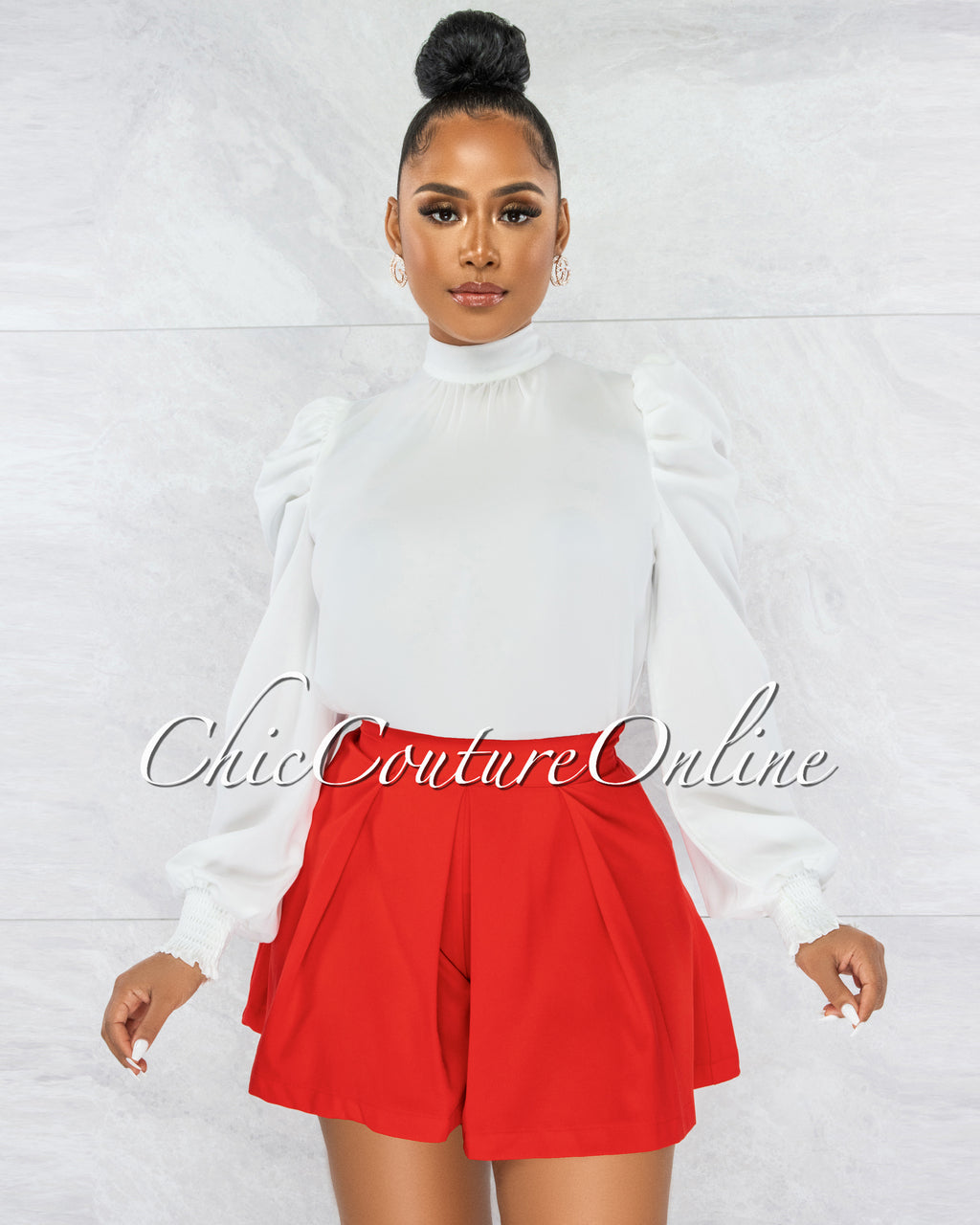 *Rolando Red Self-Tie Waist Pleated Shorts