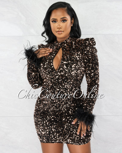 Claricia Black Velvet Gold Sequins Feather Cuffs Mini Dress