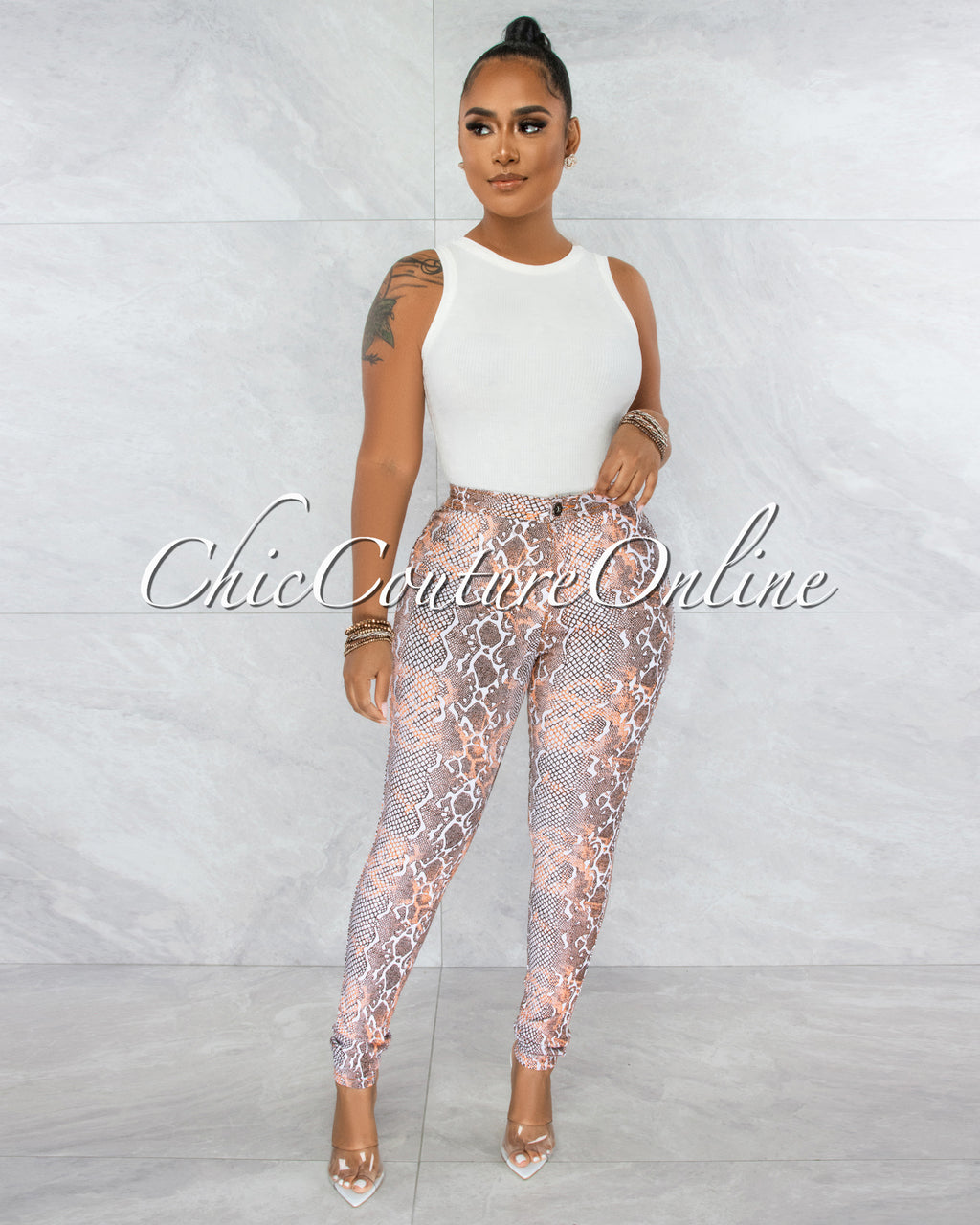 *Fateh White Brown Snake Print Skinny Jeans