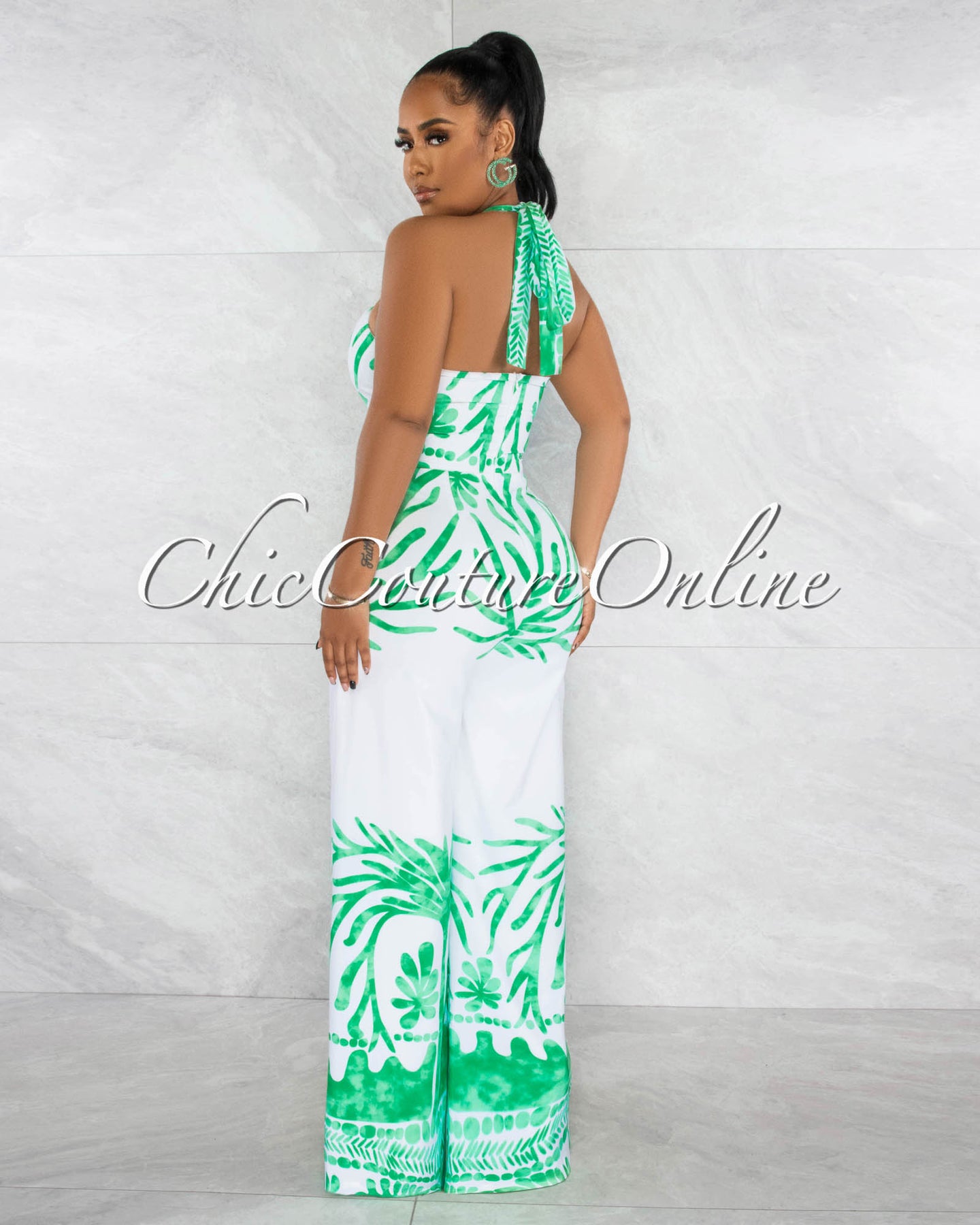 *Caraly White Green Print Strapless Cut-Out Jumpsuit
