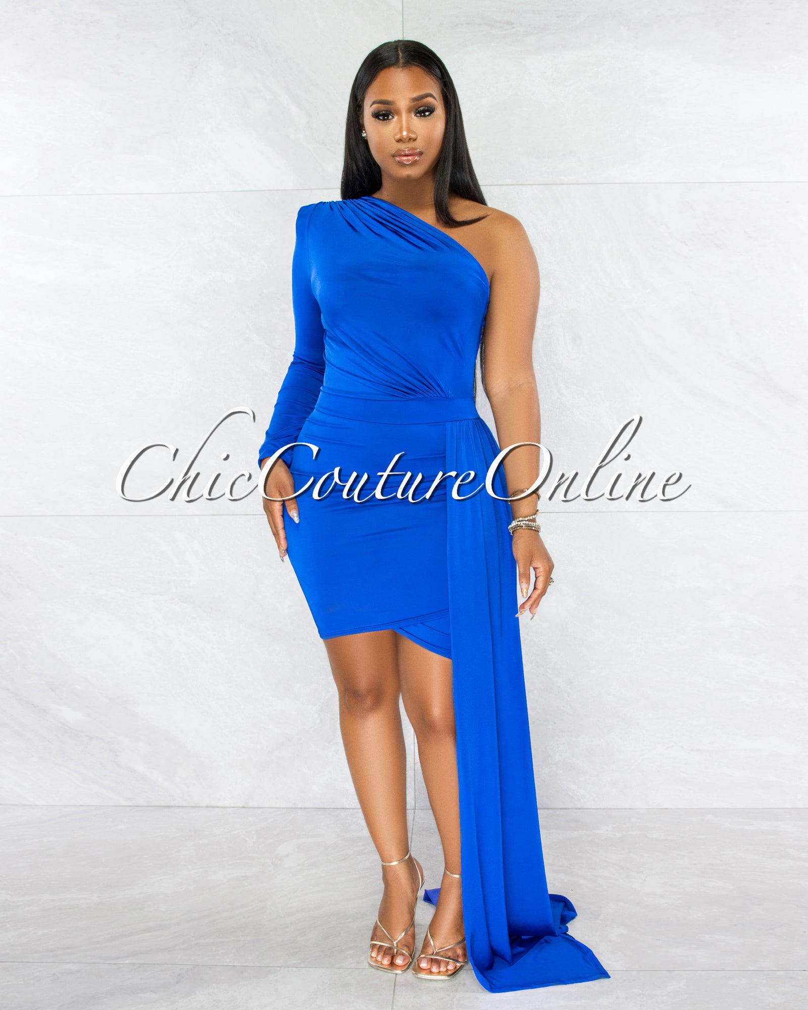 *Cameo Royal Blue Single Sleeve Long Strap Accent Dress