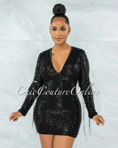 Glory Black Sequin Pearls Chain Sleeves Fringe Mini Dress