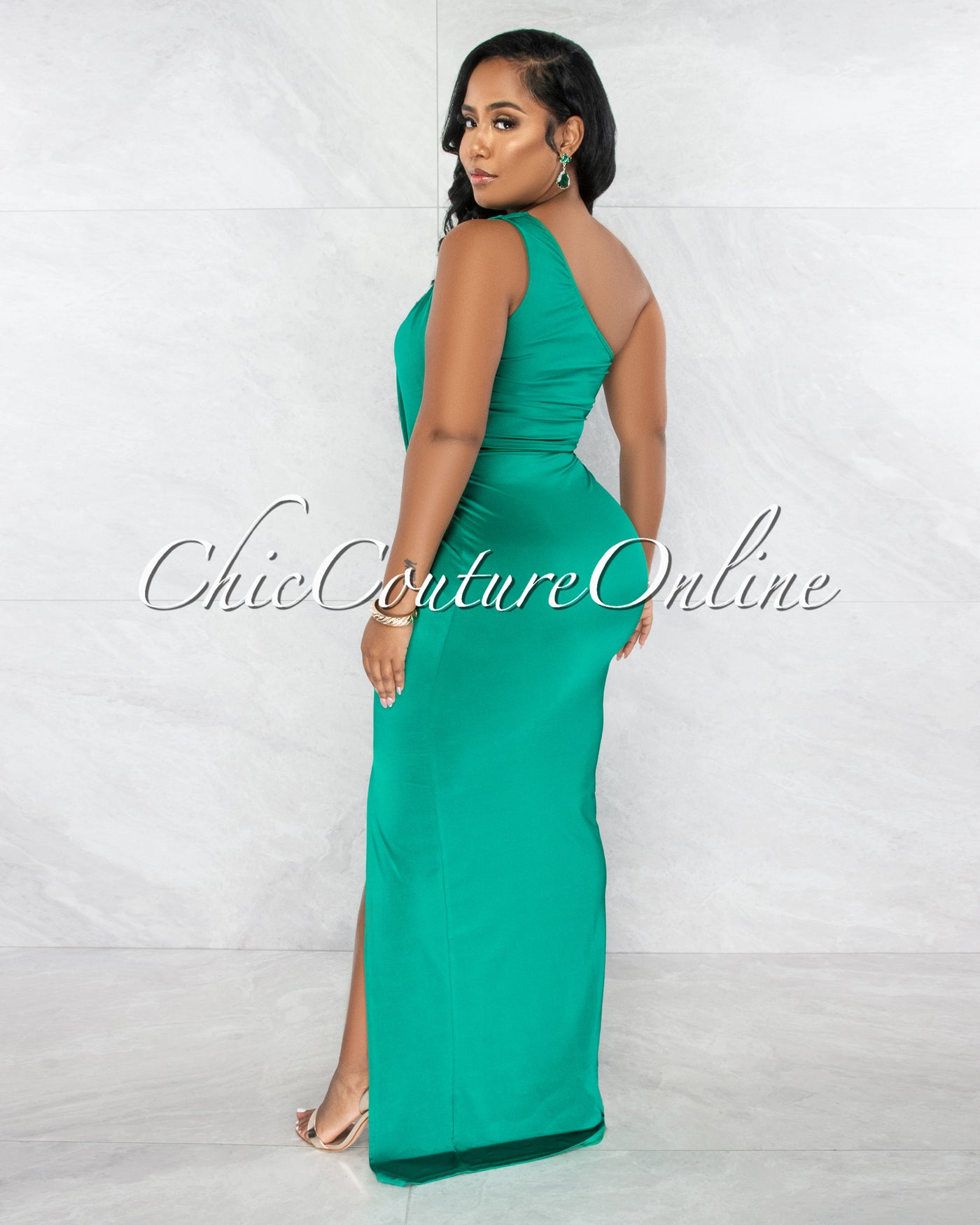 Odessa Green Single Shoulder Cut-Out Draped Maxi Dress