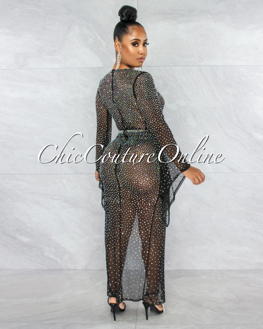 *Kyle Black Sheer Rhinestones Fringe Slit Bodysuit Dress