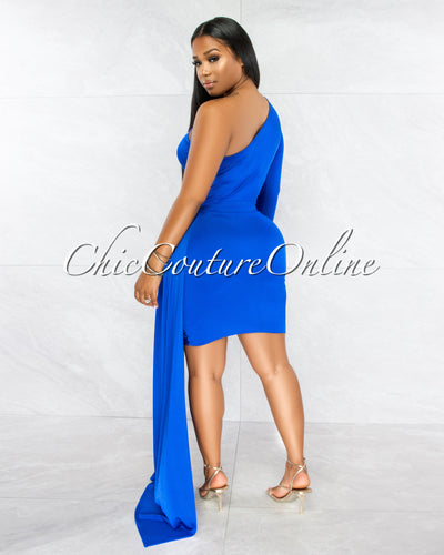 Cameo Royal Blue Single Sleeve Long Strap Accent Dress