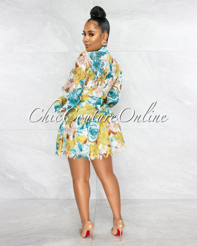 Nadiha Olive Salmon Floral Crochet Belted Skater Dress