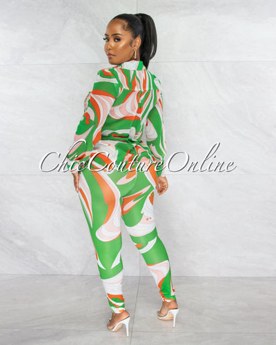 Fayana Green Retro Print Semi-Sheer Blouse & Leggings Set