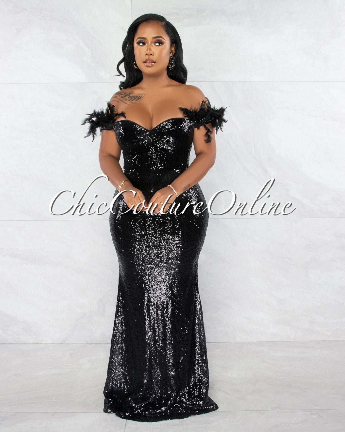 Rosebud Black Sequins Feather Straps Maxi Dress