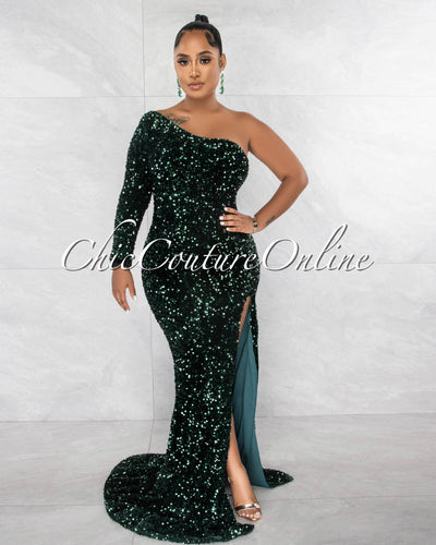*Draya Hunter Green Sequins Single Long Sleeve Side Slit Gown