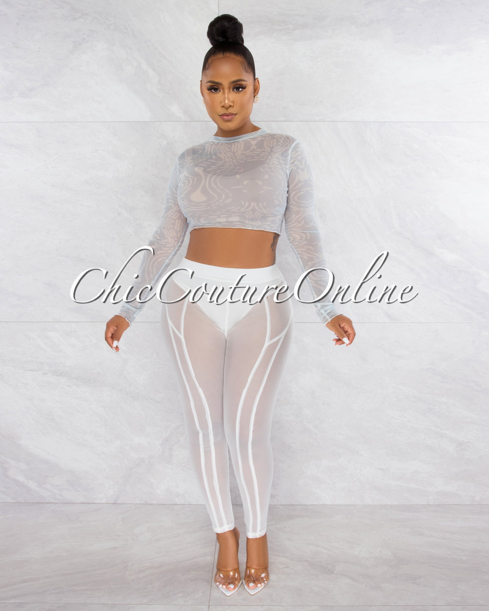 *Mushira Off-White Tie-Dye Sheer Crop Top & Mesh Leggings Set