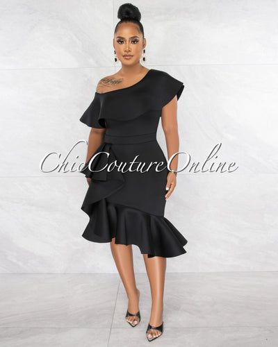 Hadara Black Ruffle Single Shoulder Ponti Midi Dress