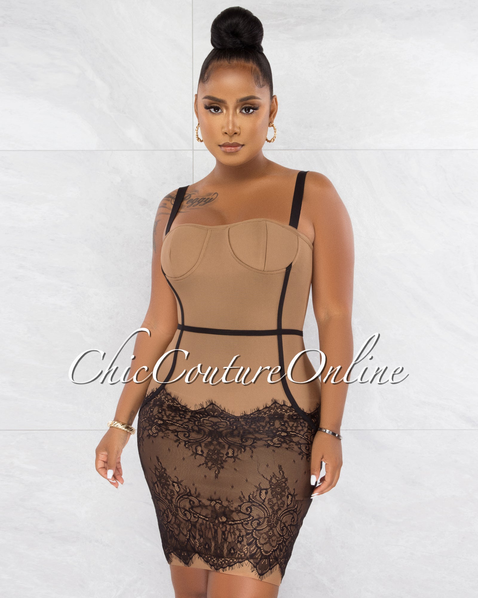 *Earvin Mocha Black Trim Lace Hem Bandage Dress