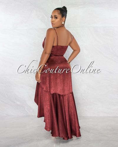 *Alina Maroon Silky Texture Wrap Style Ruffle Dress