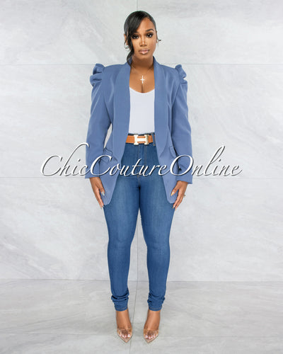 Dorcas Steel Blue Bubble Sleeves Long Blazer
