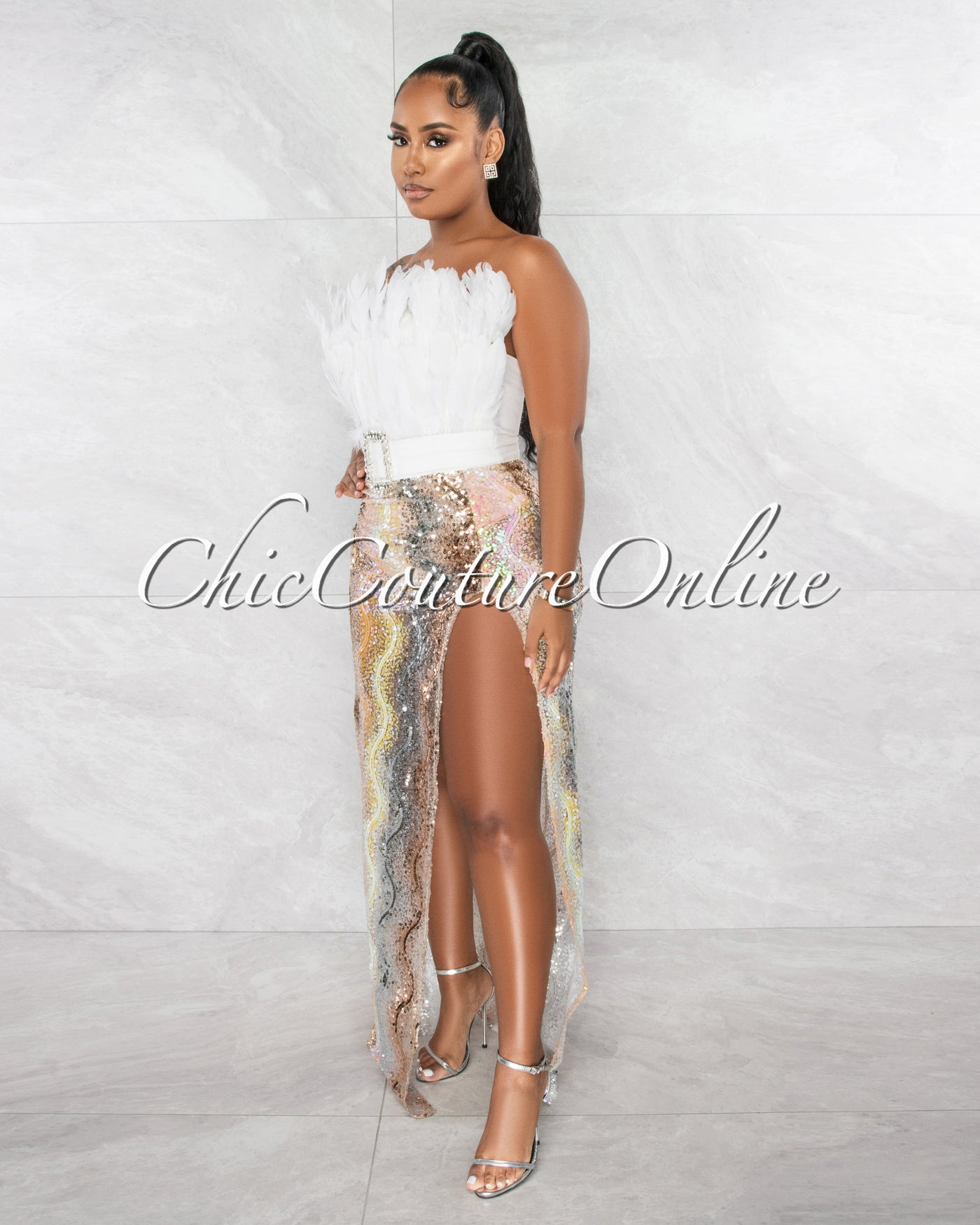 Coster Off-White Feather Rhinestones Buckle Sequins Hem Bodysuit Dress