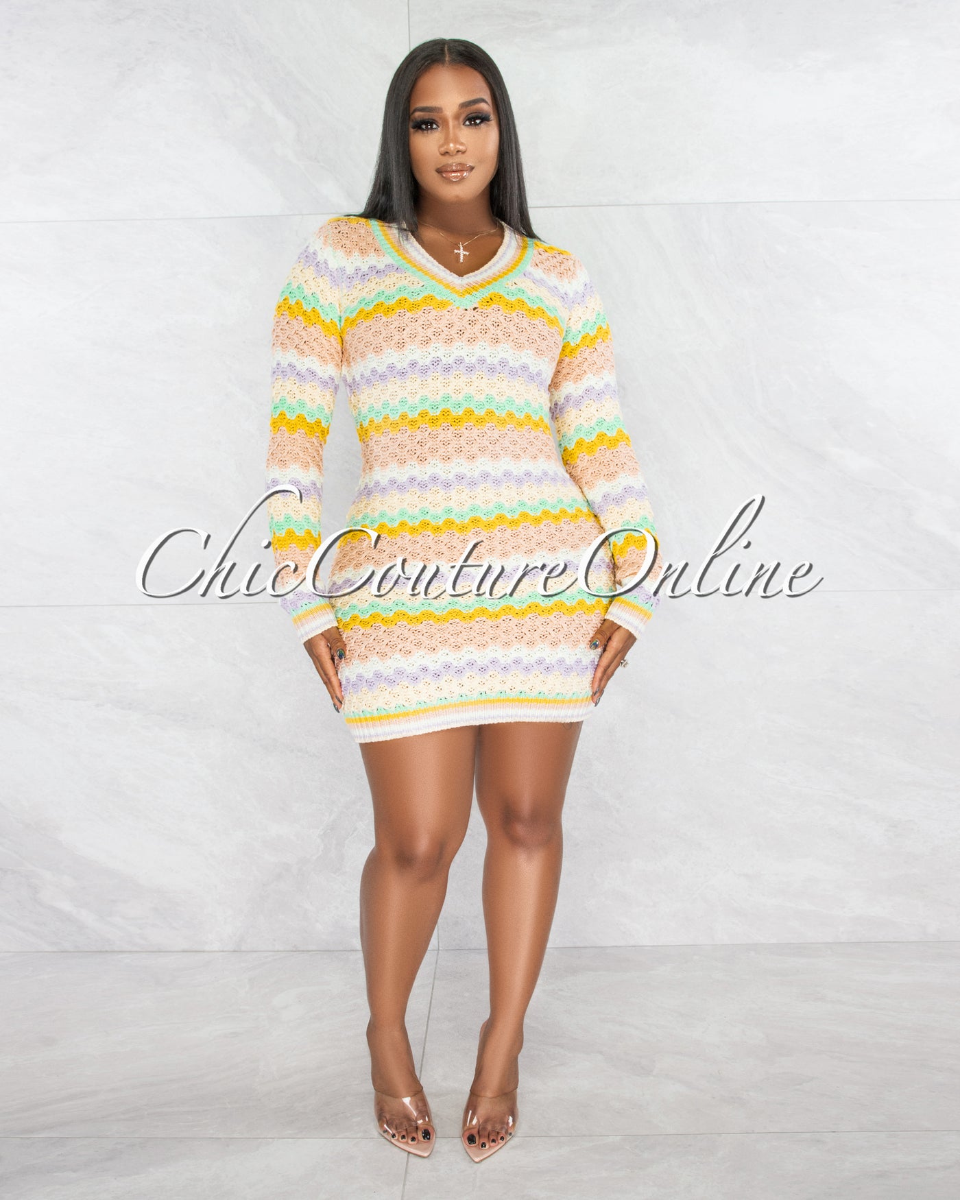 *Jayla Pink Nude Stripes Crochet Long Sleeves Dress