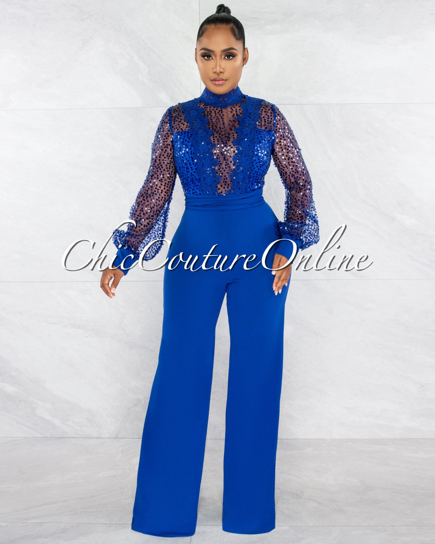 *Nigelia Royal Blue Net Sequins Crochet Top Jumpsuit