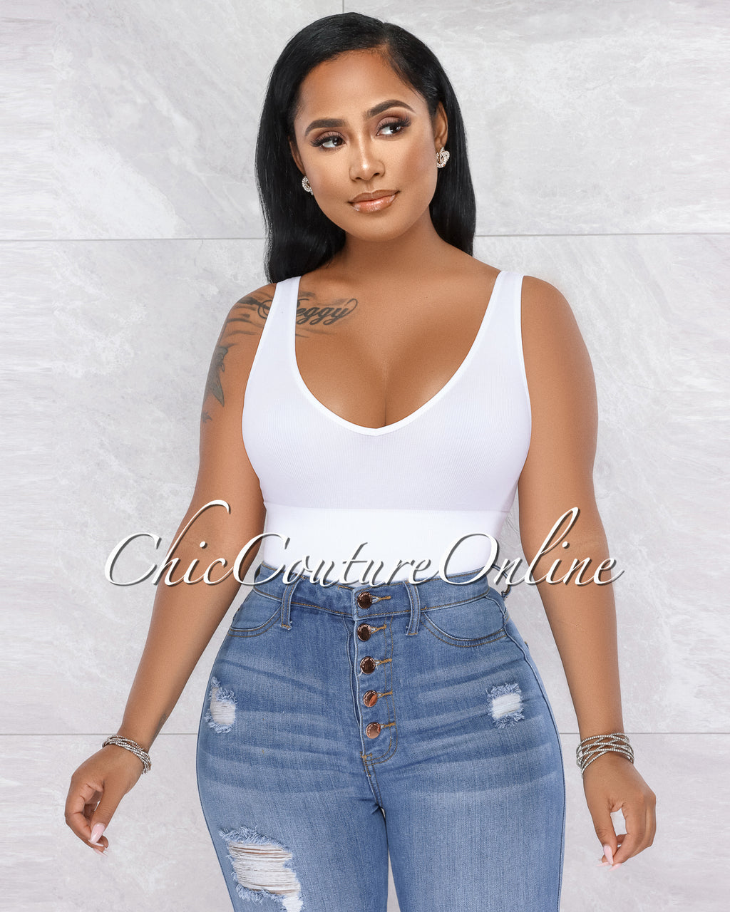 Adelynn White Ribbed Crop V-Neck Top