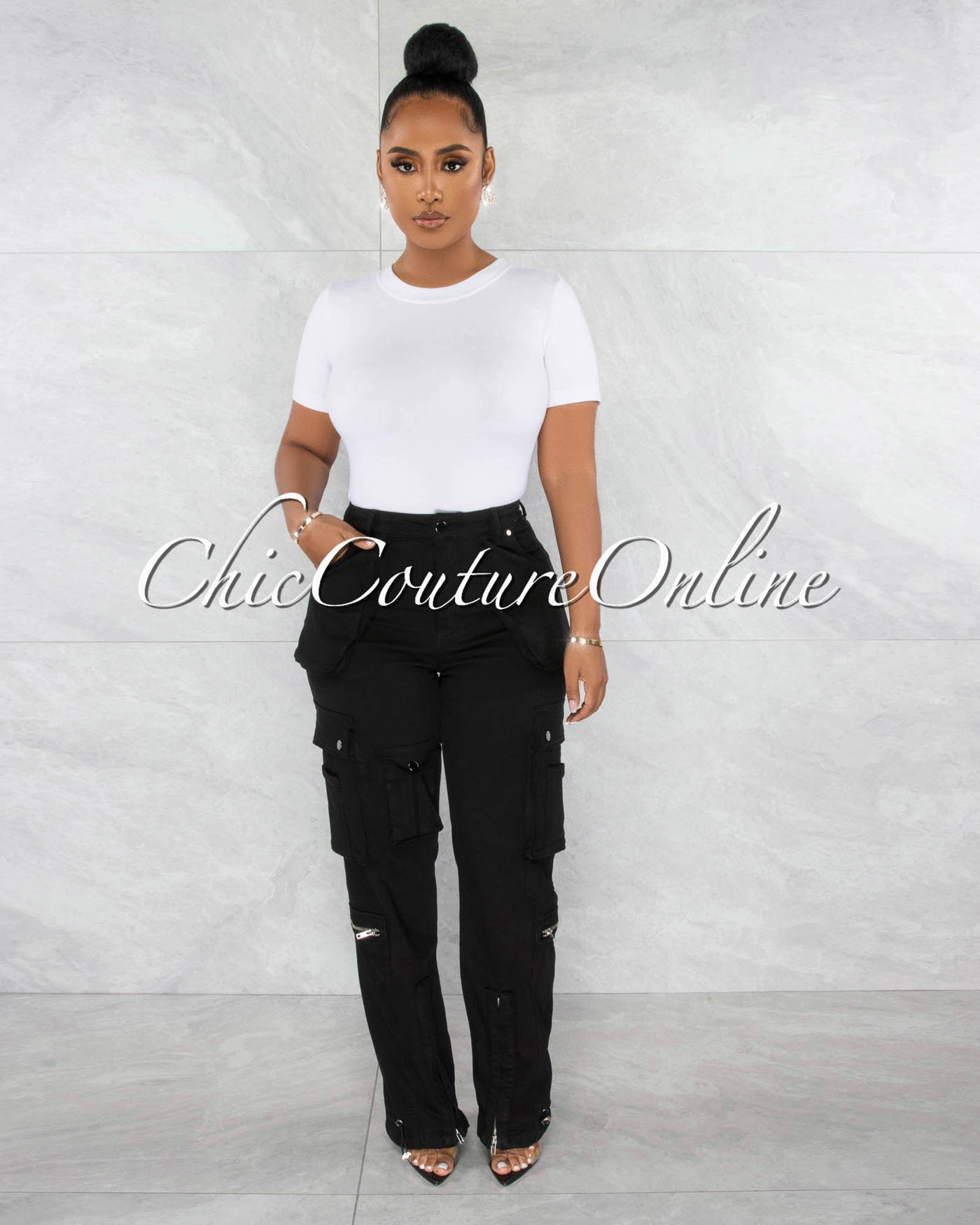 *Madison Black Silver Accents Wide Cargo Pants
