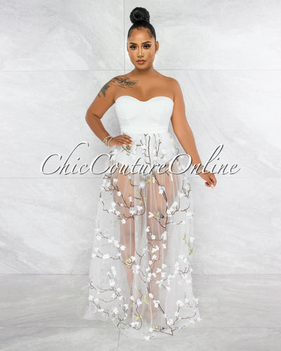 Teleria White Embroidery Tulle Bodysuit Maxi Dress