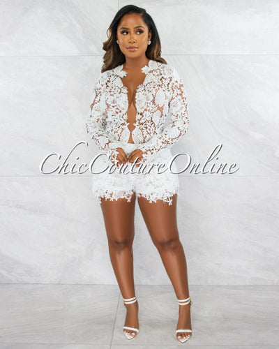 *Carencia Off-White Crochet Sheer Suit Shorts Set