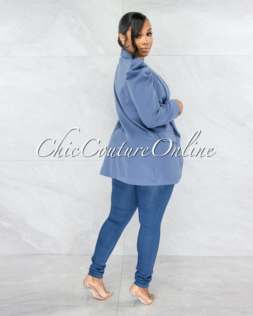 Dorcas Steel Blue Bubble Sleeves Long Blazer