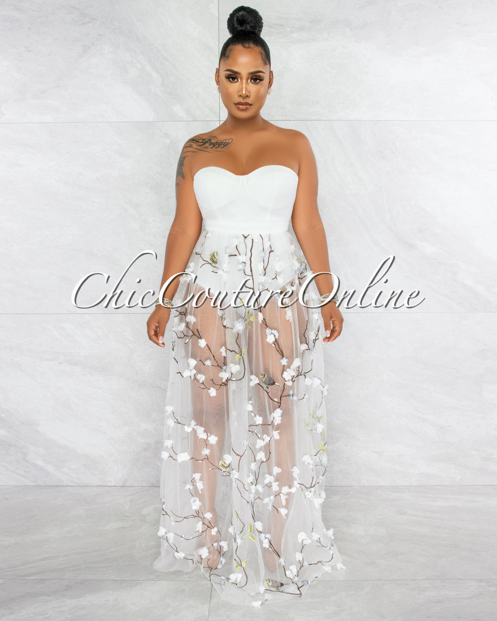 *Teleria White Embroidery Tulle Bodysuit Maxi Dress